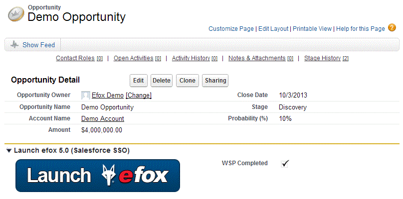 SalesForce opportunity page with efox launch button